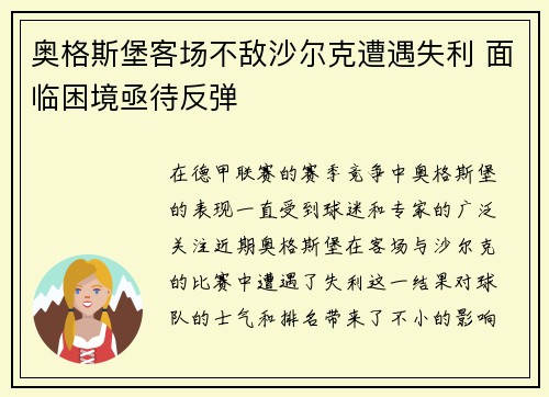 奥格斯堡客场不敌沙尔克遭遇失利 面临困境亟待反弹