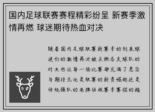 国内足球联赛赛程精彩纷呈 新赛季激情再燃 球迷期待热血对决