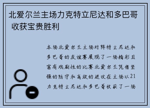 北爱尔兰主场力克特立尼达和多巴哥 收获宝贵胜利