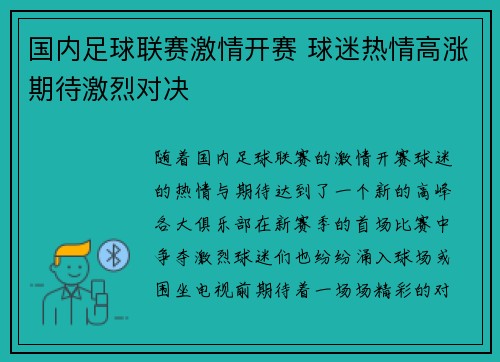国内足球联赛激情开赛 球迷热情高涨期待激烈对决