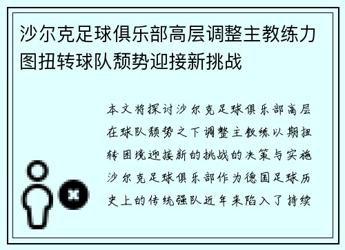 沙尔克足球俱乐部高层调整主教练力图扭转球队颓势迎接新挑战
