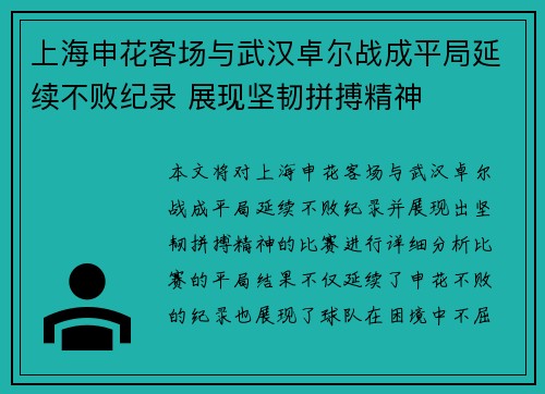 上海申花客场与武汉卓尔战成平局延续不败纪录 展现坚韧拼搏精神