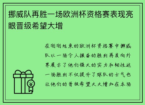 挪威队再胜一场欧洲杯资格赛表现亮眼晋级希望大增